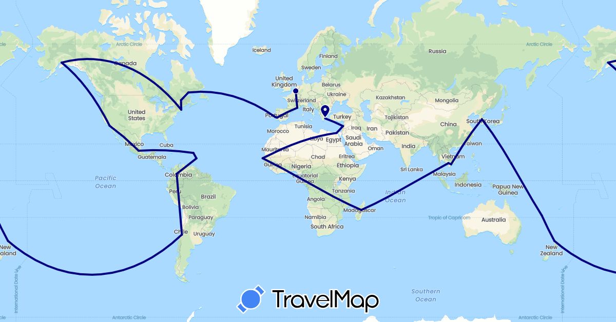 TravelMap itinerary: driving in Belgium, Canada, Chile, China, Colombia, Egypt, France, Greece, Cambodia, South Korea, Lebanon, Madagascar, Mexico, New Caledonia, New Zealand, Portugal, Senegal, United States, Vietnam (Africa, Asia, Europe, North America, Oceania, South America)